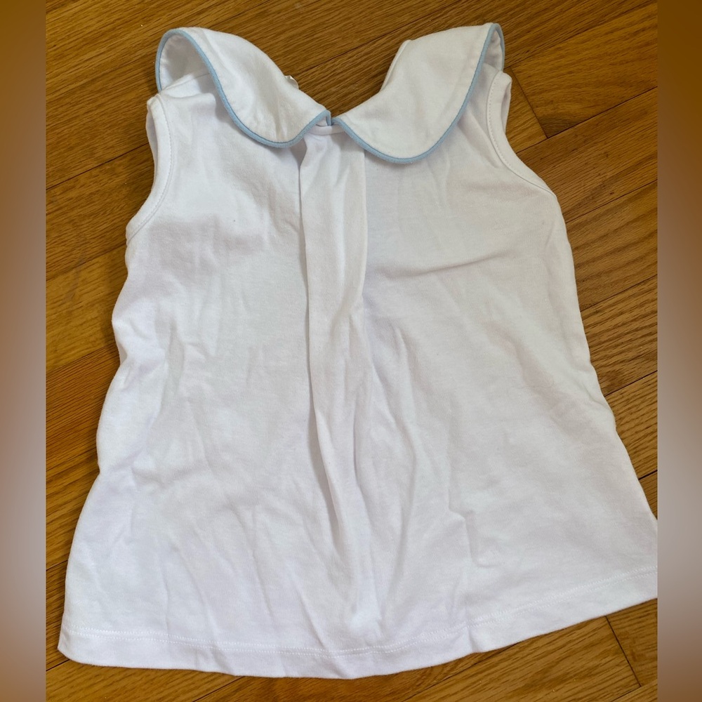 Stitchy Fish 4T white knit shirt with light blue trim